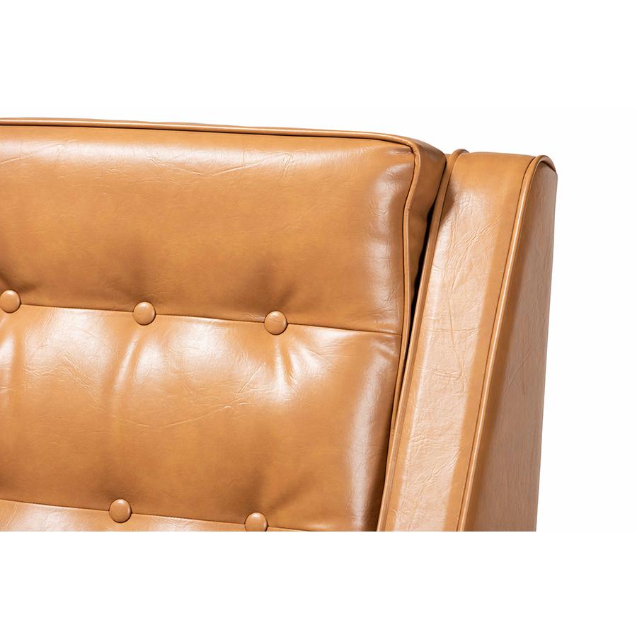 Tan Faux Leather Upholstered and Walnut Brown Finished Wood Lounge Armchair. Picture 5