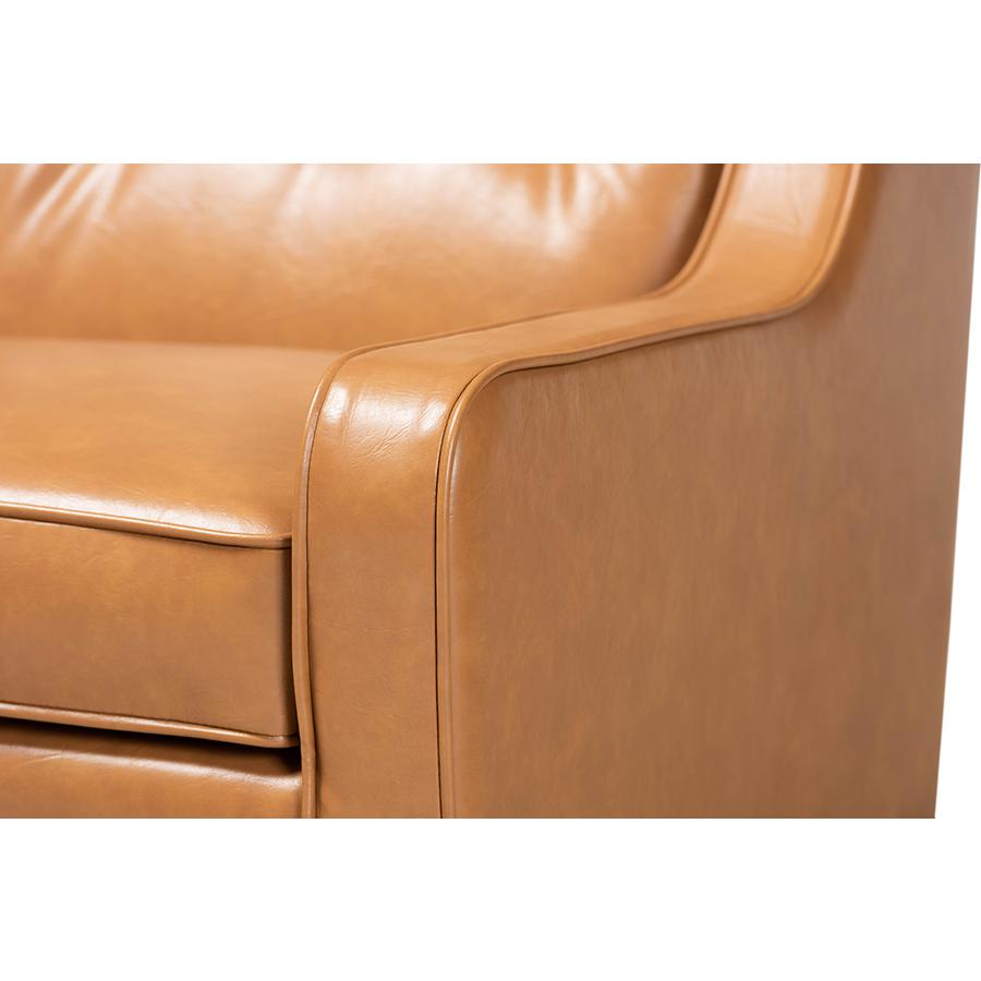Tan Faux Leather Upholstered and Walnut Brown Finished Wood Lounge Armchair. Picture 6