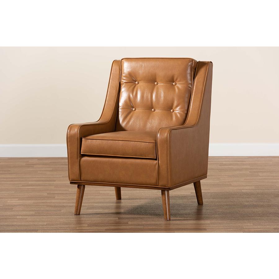 Tan Faux Leather Upholstered and Walnut Brown Finished Wood Lounge Armchair. Picture 9