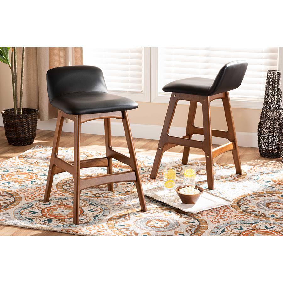 Leather Upholstered and Walnut Brown Finished Wood 2-Piece Counter Stool Set. Picture 6