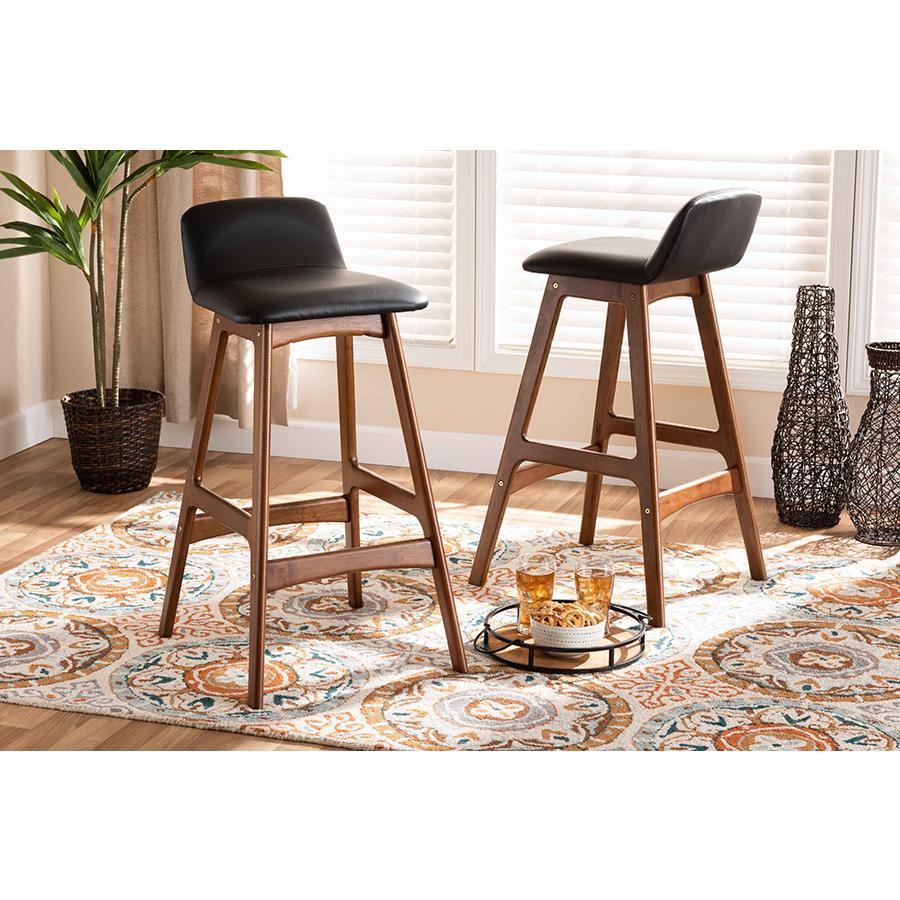 Leather Upholstered and Walnut Brown Finished Wood 2-Piece Bar Stool Set. Picture 6