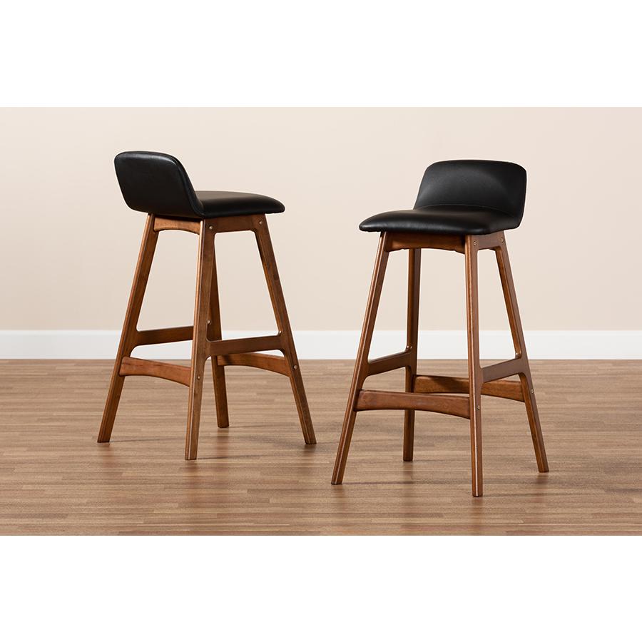 Leather Upholstered and Walnut Brown Finished Wood 2-Piece Bar Stool Set. Picture 7
