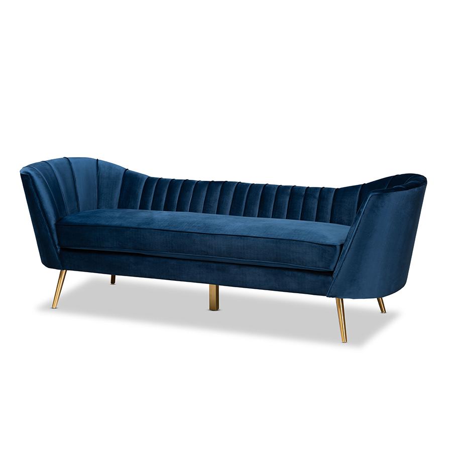 Kailyn Glam and Luxe Navy Blue Velvet Fabric Upholstered and Gold Finished Sofa. Picture 1