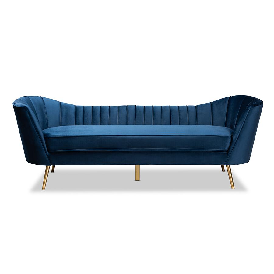 Kailyn Glam and Luxe Navy Blue Velvet Fabric Upholstered and Gold Finished Sofa. Picture 2