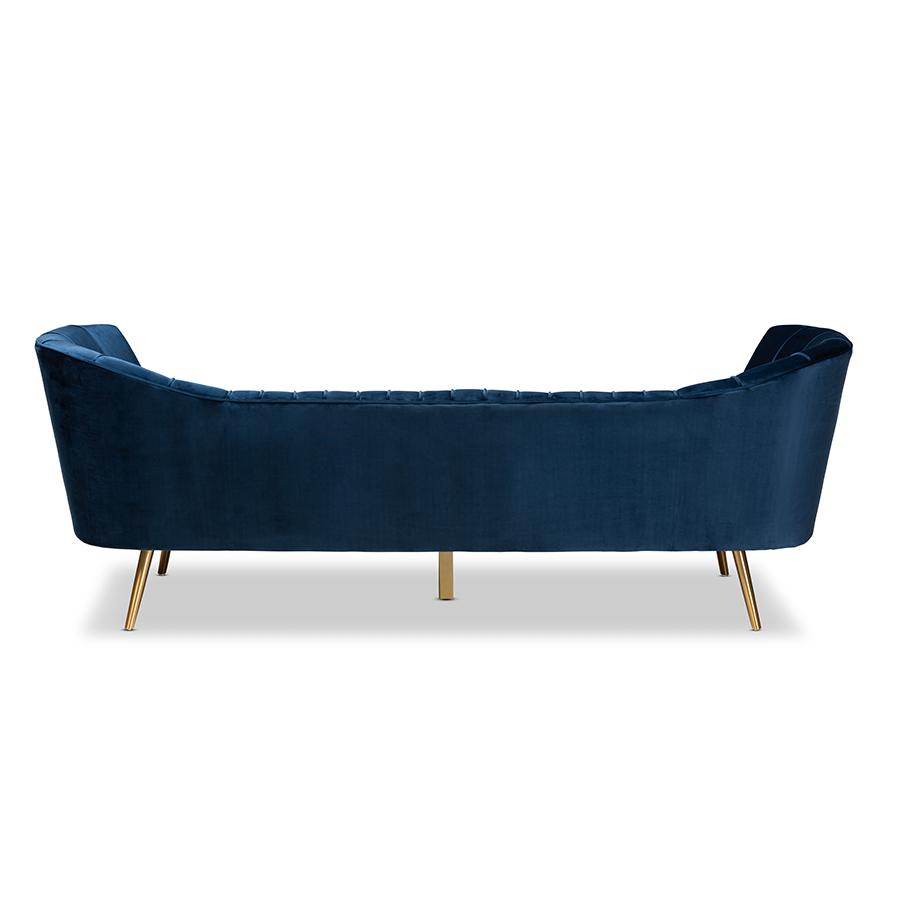 Kailyn Glam and Luxe Navy Blue Velvet Fabric Upholstered and Gold Finished Sofa. Picture 4
