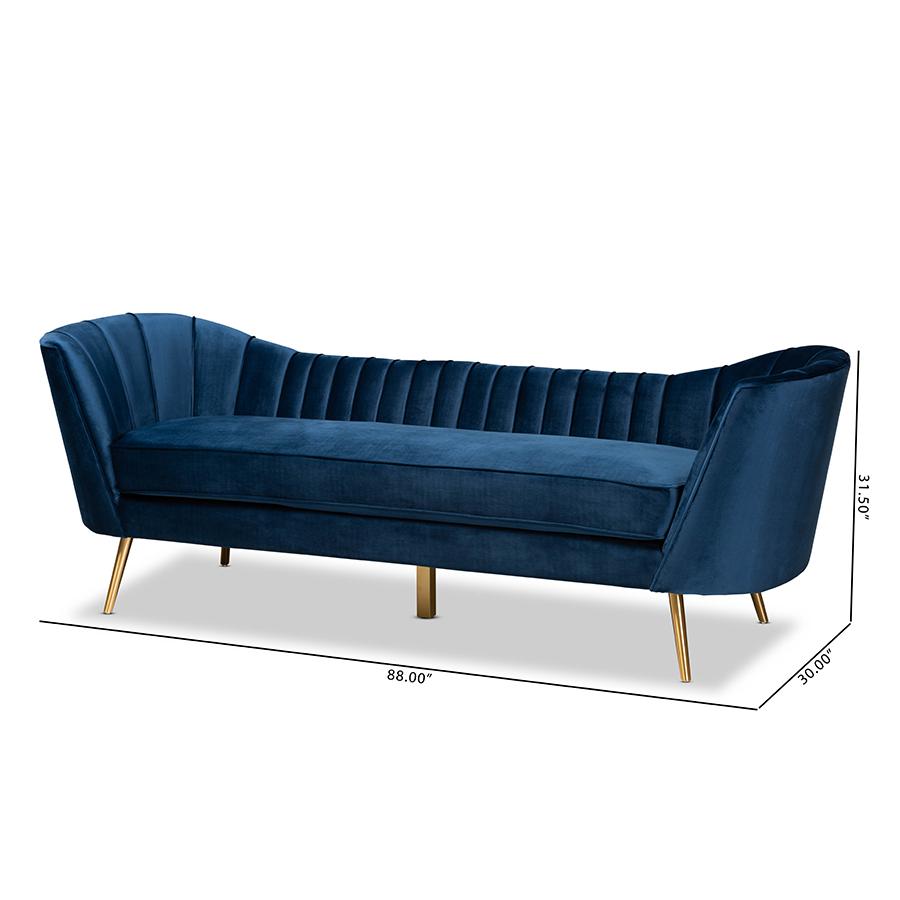 Kailyn Glam and Luxe Navy Blue Velvet Fabric Upholstered and Gold Finished Sofa. Picture 9