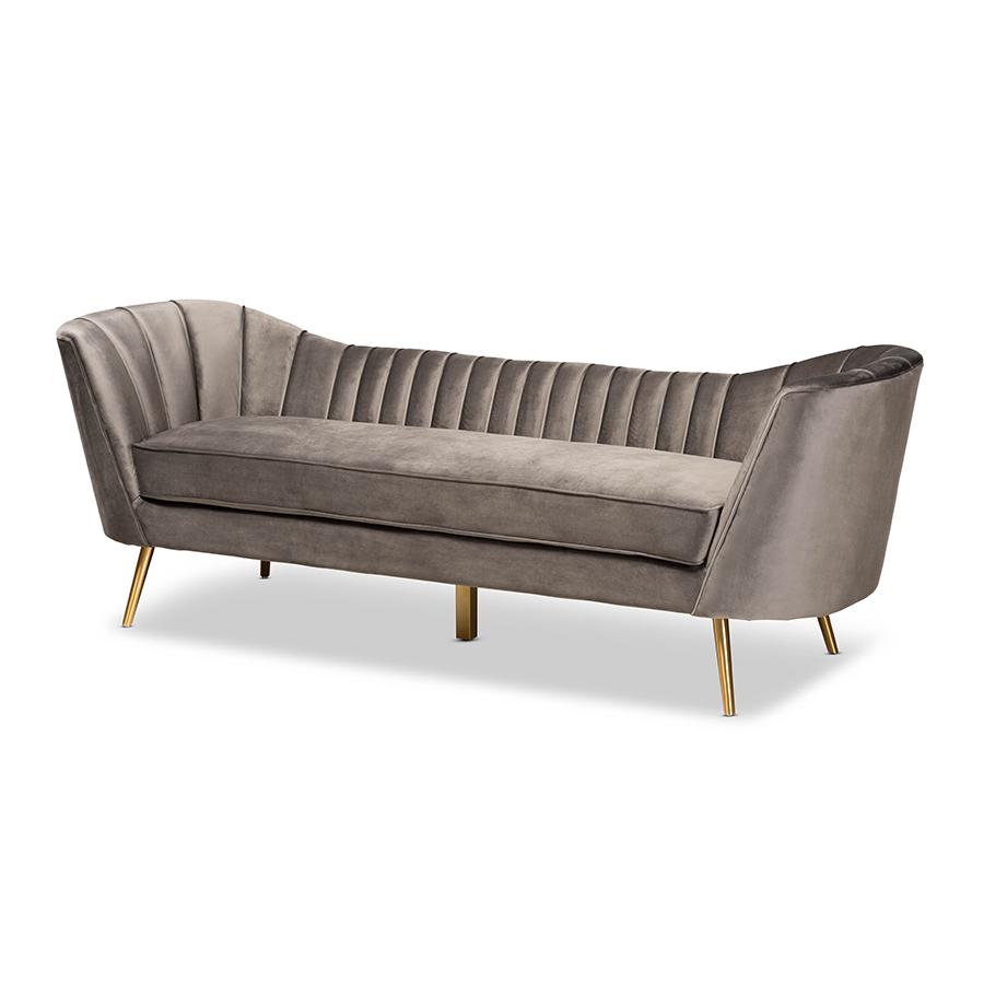Kailyn Glam and Luxe Grey Velvet Fabric Upholstered and Gold Finished Sofa. Picture 1