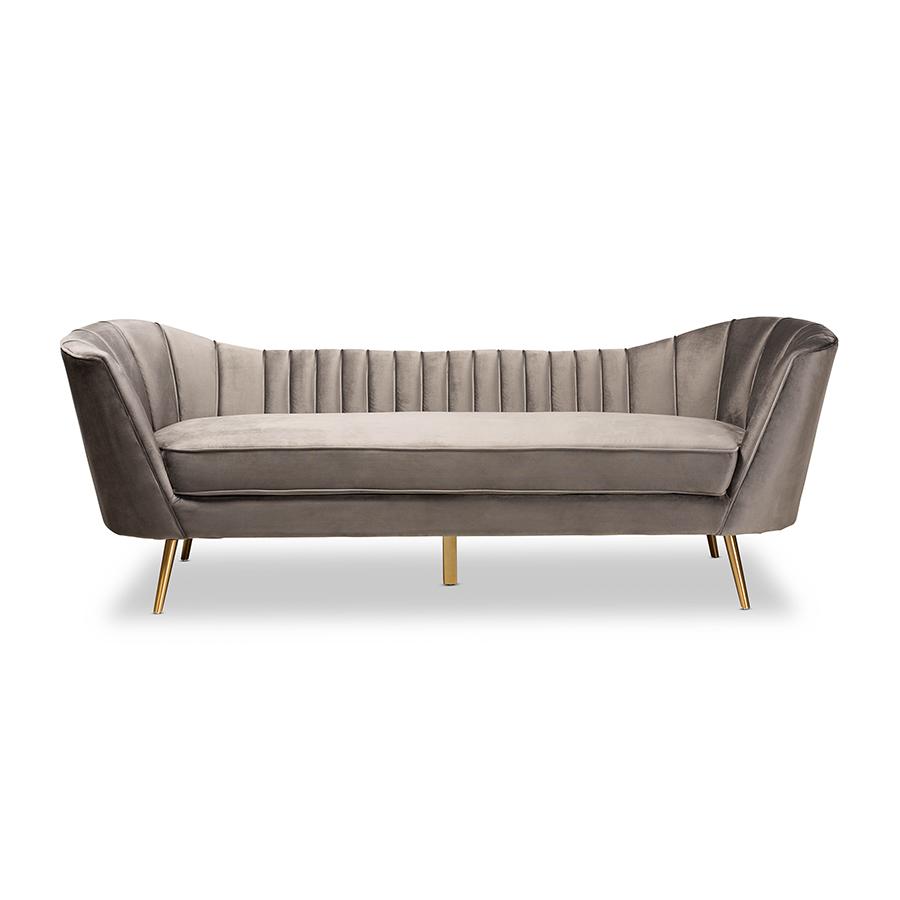 Kailyn Glam and Luxe Grey Velvet Fabric Upholstered and Gold Finished Sofa. Picture 2