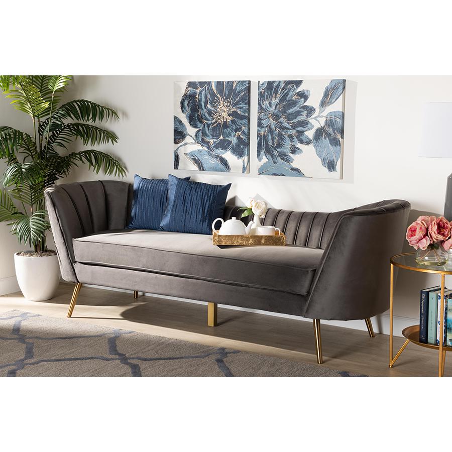 Kailyn Glam and Luxe Grey Velvet Fabric Upholstered and Gold Finished Sofa. Picture 7