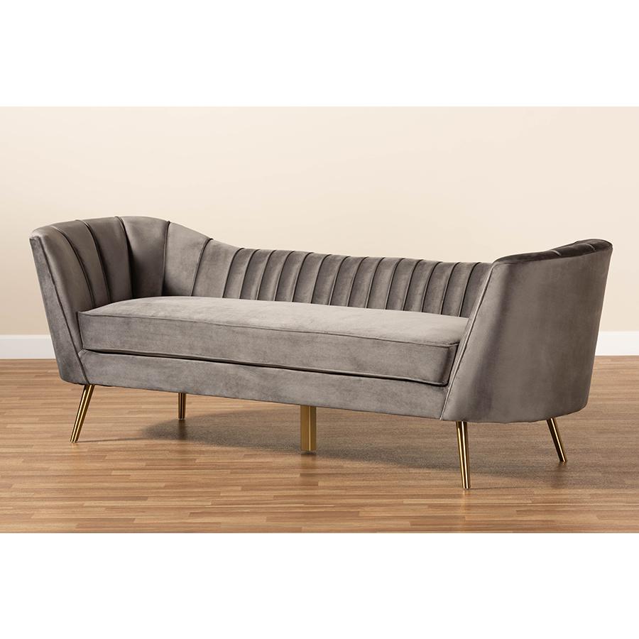 Kailyn Glam and Luxe Grey Velvet Fabric Upholstered and Gold Finished Sofa. Picture 8