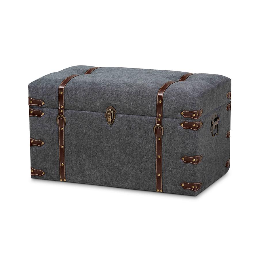 Transitional Grey Fabric Upholstered Storage Trunk Ottoman. Picture 1