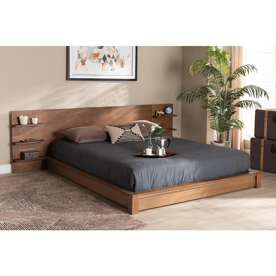 Walnut Brown Finished Wood Queen Size Platform Storage Bed with Shelves. Picture 6