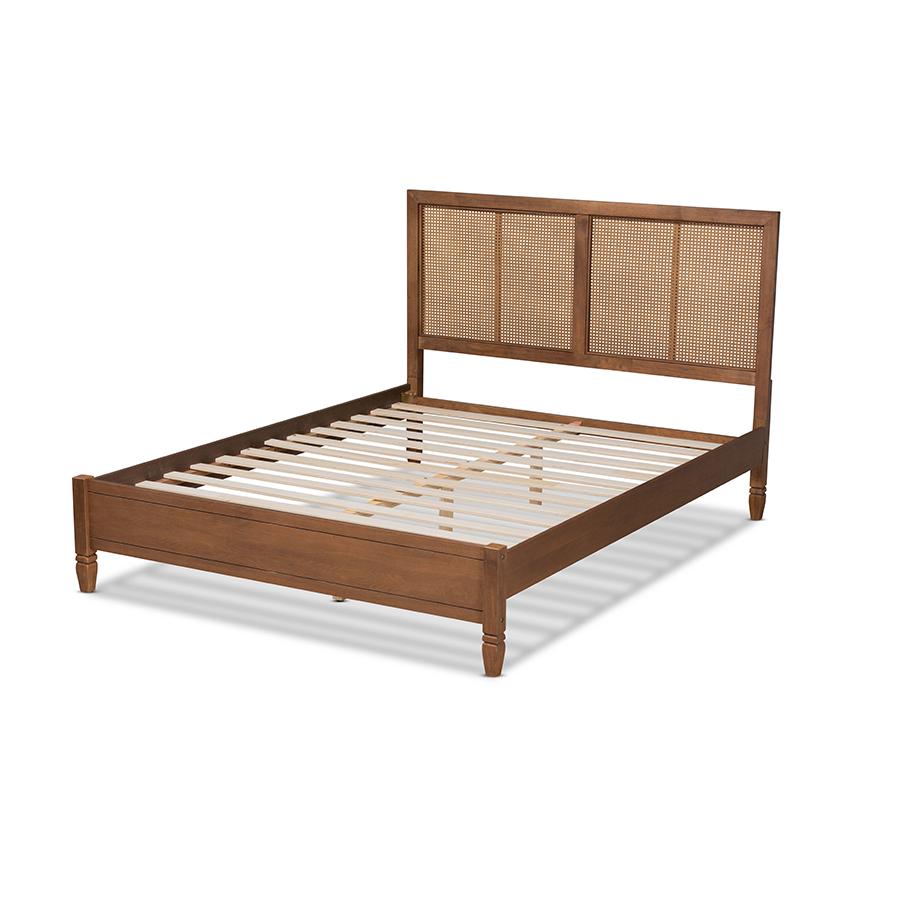 Walnut Brown Finished Wood and Synthetic Rattan Full Size Platform Bed. Picture 3