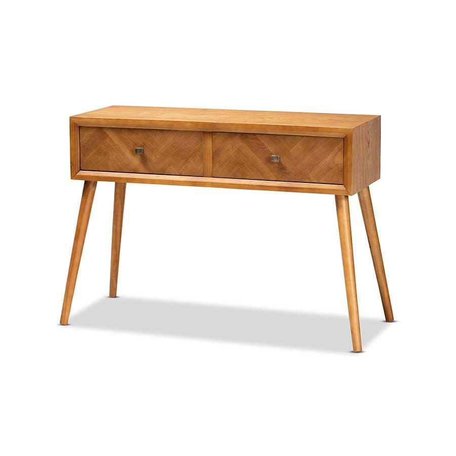 Mae Mid-Century Modern Natural Brown Finished Wood 2-Drawer Console Table. Picture 1
