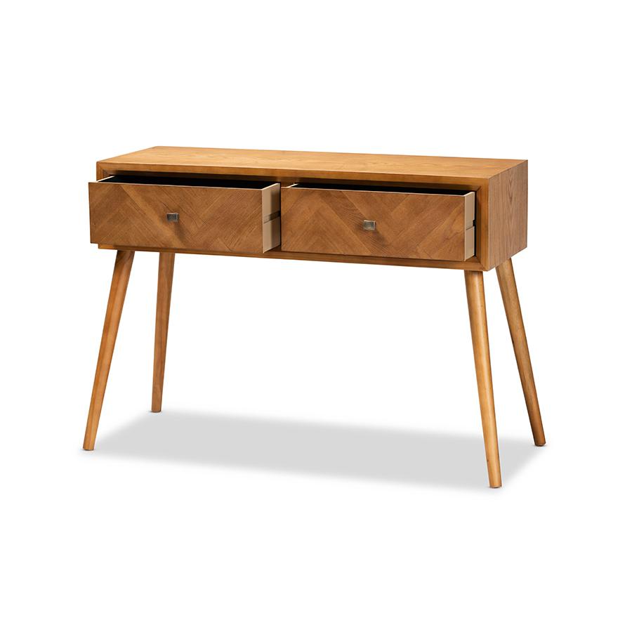Mae Mid-Century Modern Natural Brown Finished Wood 2-Drawer Console Table. Picture 2