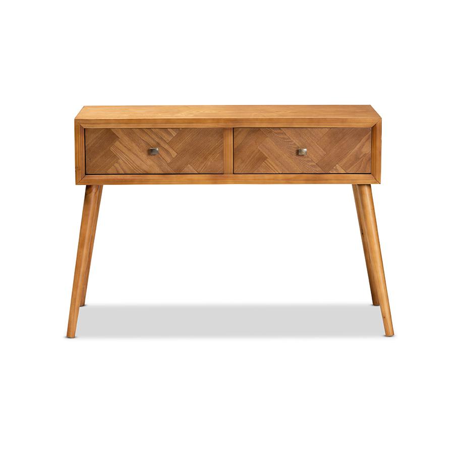 Mae Mid-Century Modern Natural Brown Finished Wood 2-Drawer Console Table. Picture 3