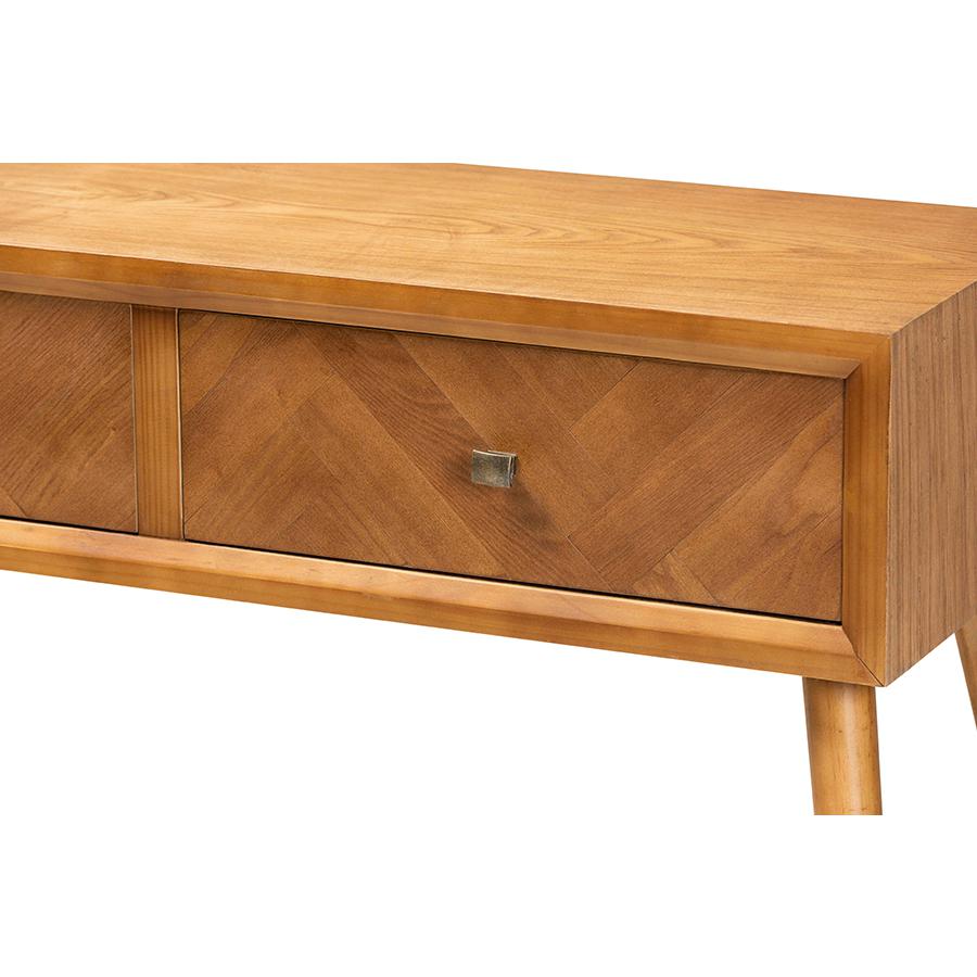 Mae Mid-Century Modern Natural Brown Finished Wood 2-Drawer Console Table. Picture 5