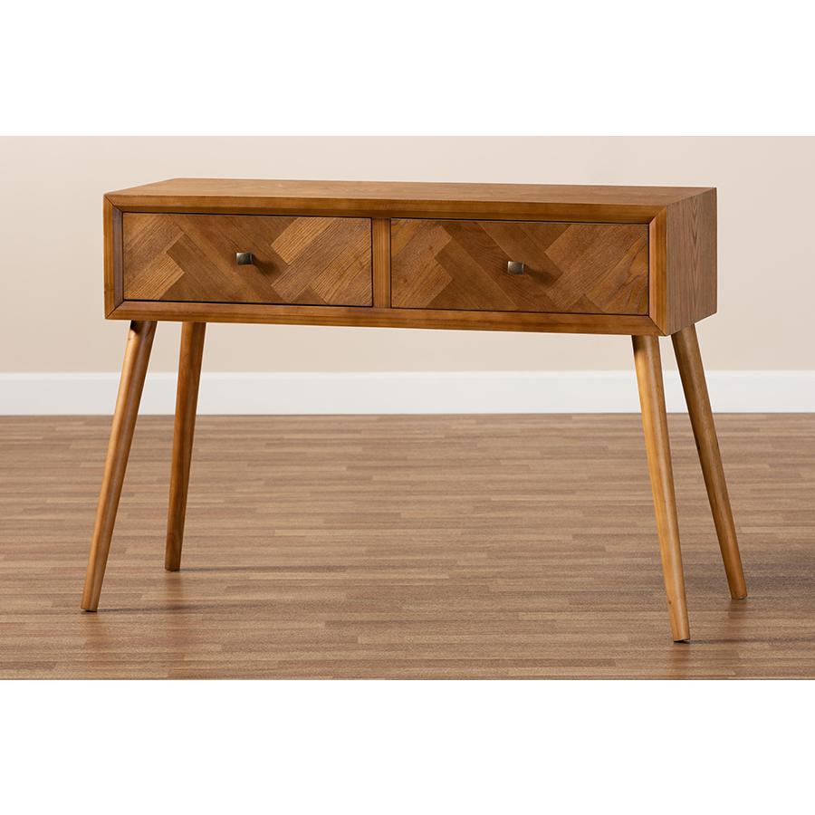 Mae Mid-Century Modern Natural Brown Finished Wood 2-Drawer Console Table. Picture 8