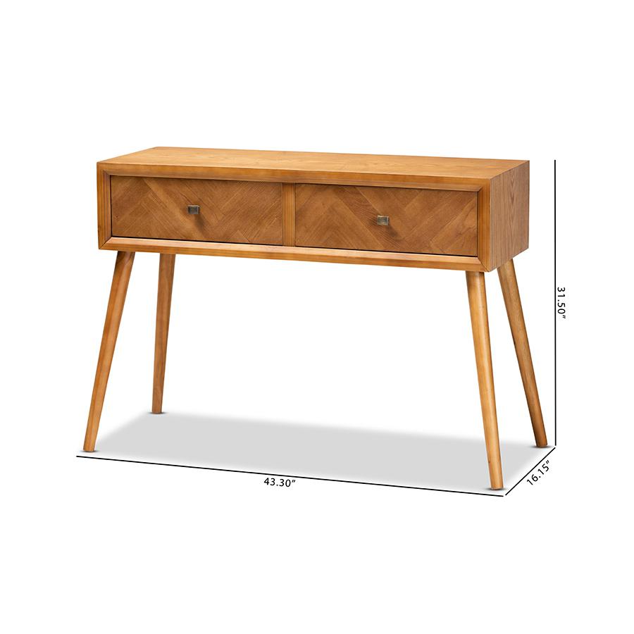 Mae Mid-Century Modern Natural Brown Finished Wood 2-Drawer Console Table. Picture 9
