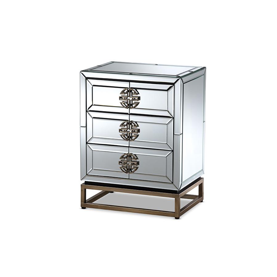 Laken Contemporary Glam and Luxe Mirrored and Antique Bronze Finished 3-Drawer Nightstand. Picture 1