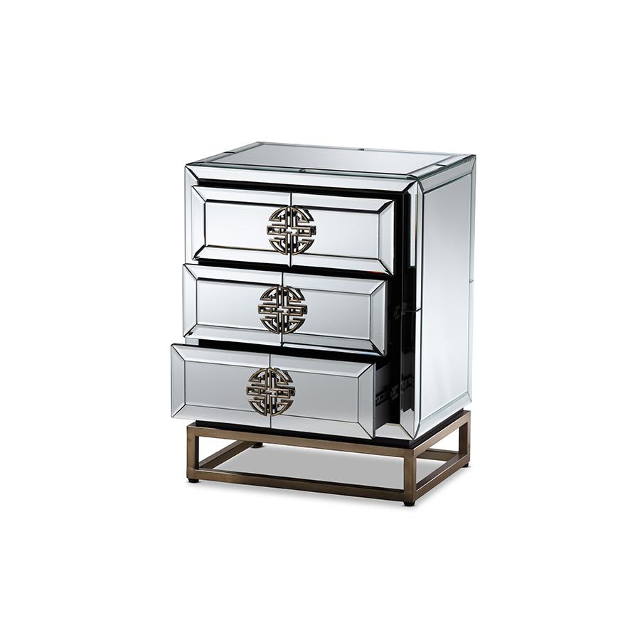 Laken Contemporary Glam and Luxe Mirrored and Antique Bronze Finished 3-Drawer Nightstand. Picture 2