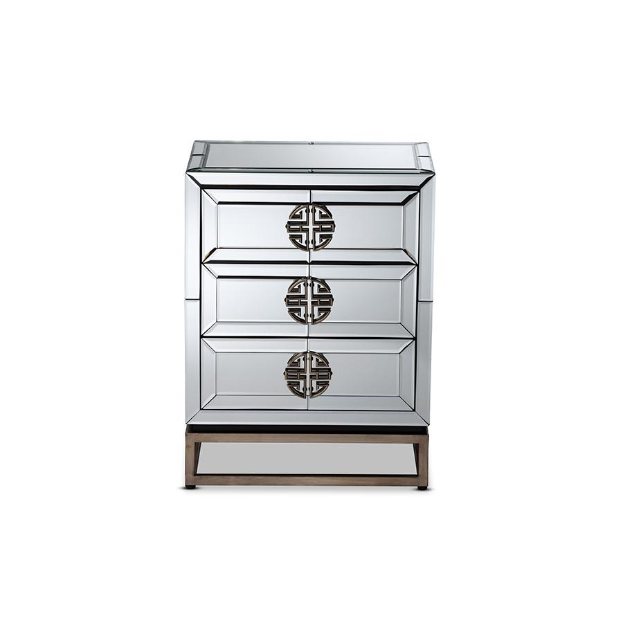 Laken Contemporary Glam and Luxe Mirrored and Antique Bronze Finished 3-Drawer Nightstand. Picture 3