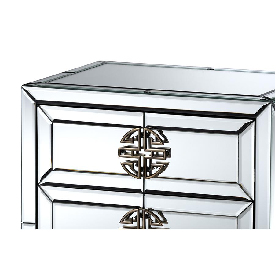 Laken Contemporary Glam and Luxe Mirrored and Antique Bronze Finished 3-Drawer Nightstand. Picture 5