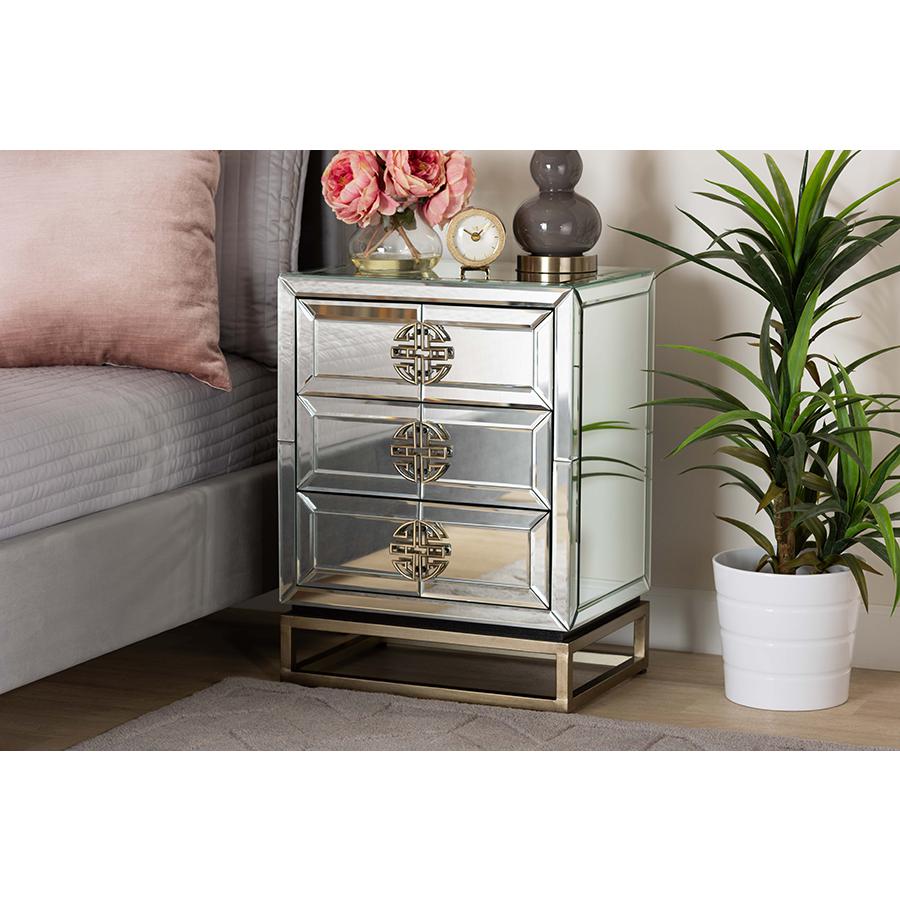 Laken Contemporary Glam and Luxe Mirrored and Antique Bronze Finished 3-Drawer Nightstand. Picture 6