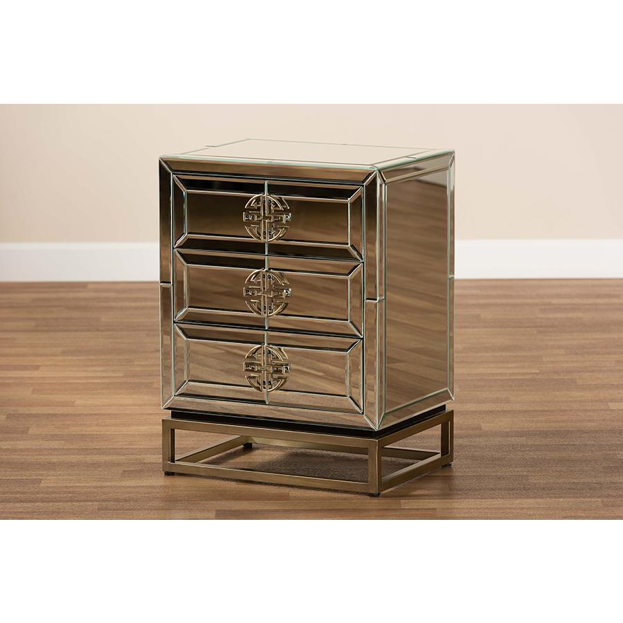 Laken Contemporary Glam and Luxe Mirrored and Antique Bronze Finished 3-Drawer Nightstand. Picture 7