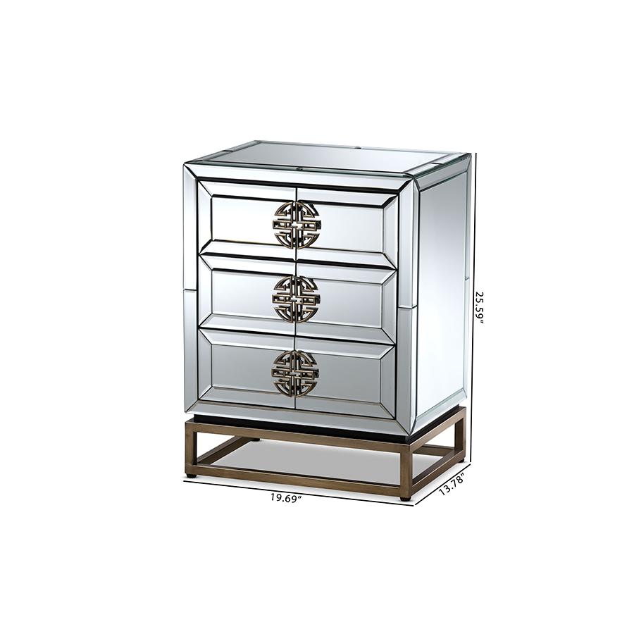 Laken Contemporary Glam and Luxe Mirrored and Antique Bronze Finished 3-Drawer Nightstand. Picture 8