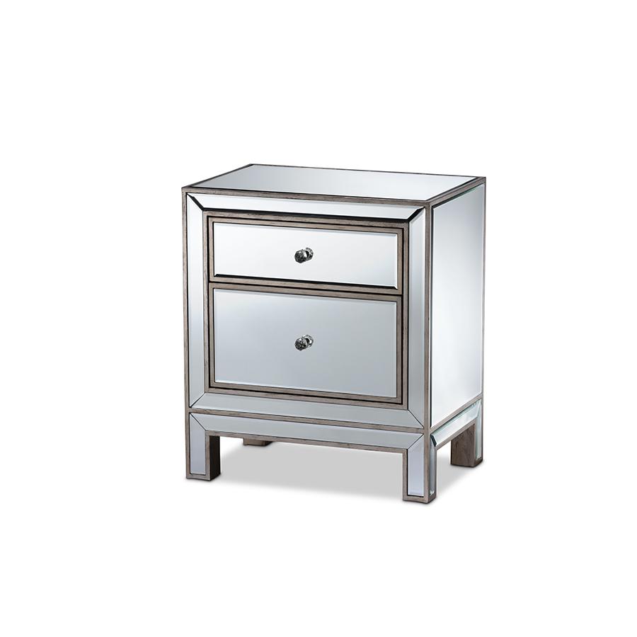 Fadri Contemporary Glam and Luxe Mirrored 2-Drawer Nightstand. Picture 1