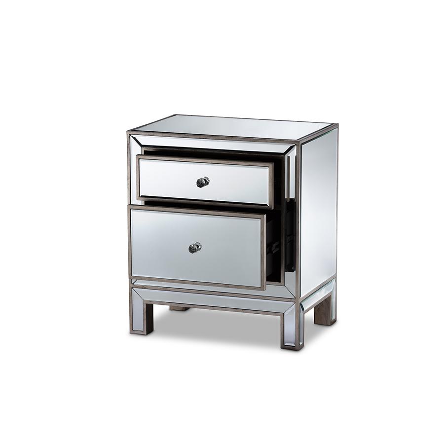Fadri Contemporary Glam and Luxe Mirrored 2-Drawer Nightstand. Picture 2