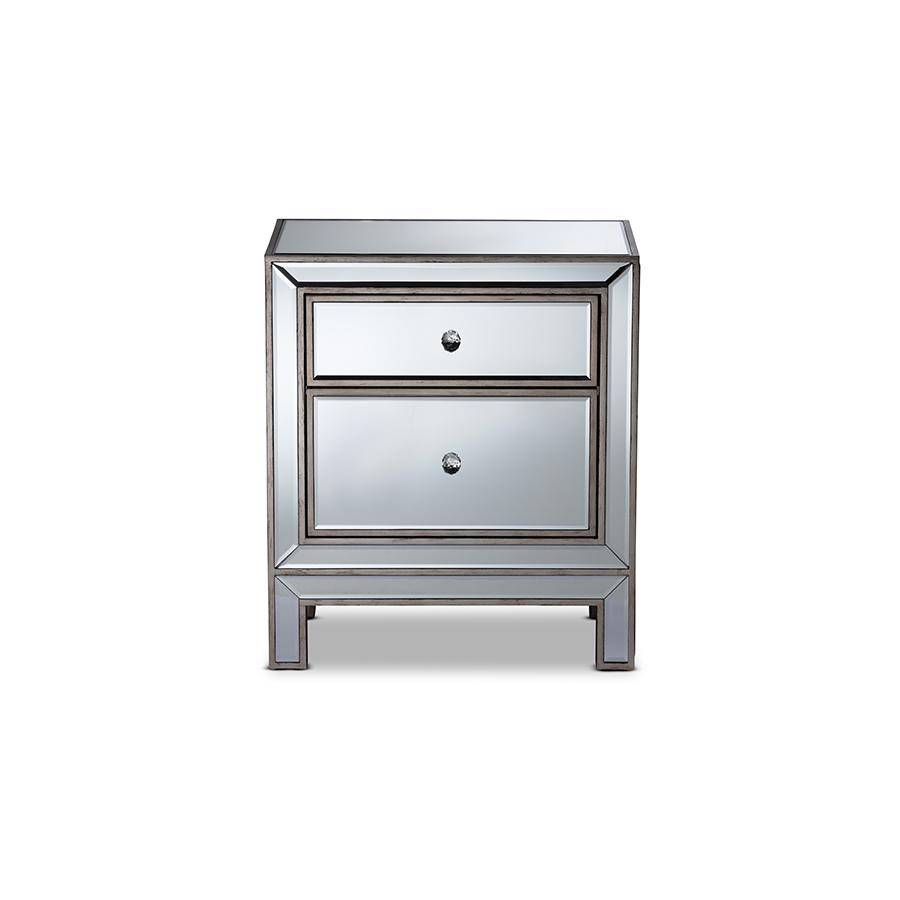 Fadri Contemporary Glam and Luxe Mirrored 2-Drawer Nightstand. Picture 3