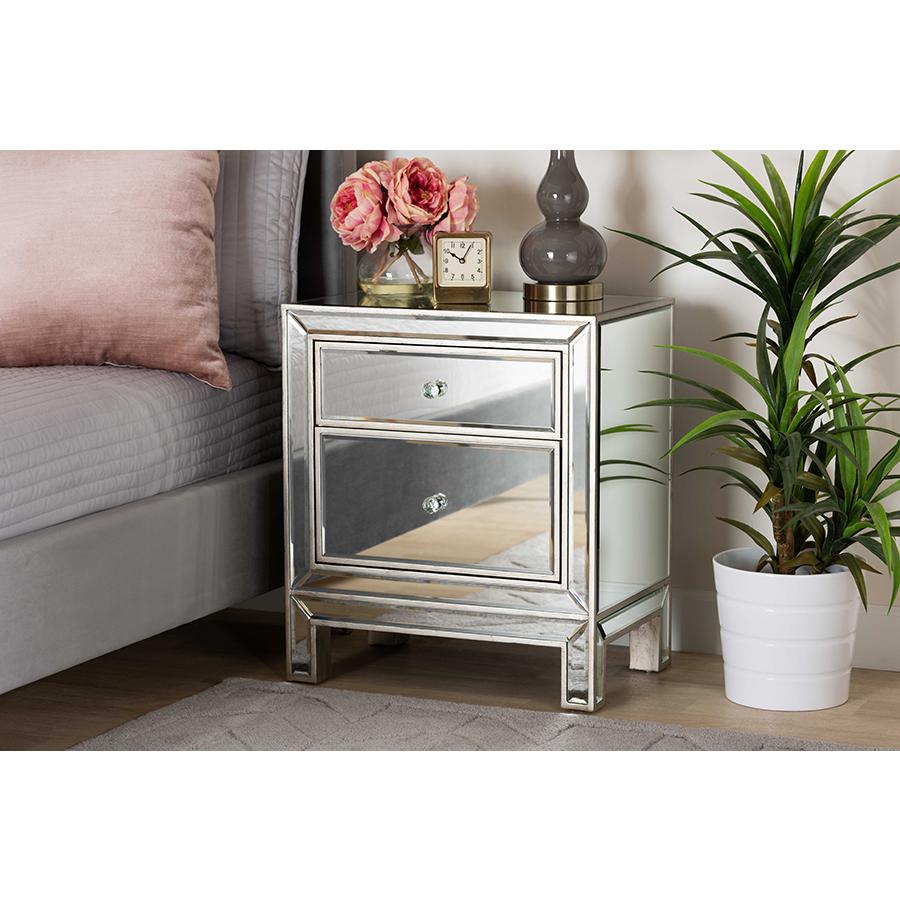 Fadri Contemporary Glam and Luxe Mirrored 2-Drawer Nightstand. Picture 6