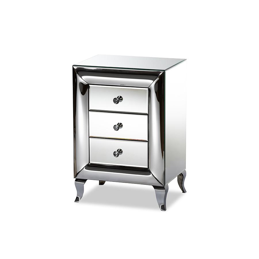 Baxton Studio Pauline Contemporary Glam and Luxe Mirrored 3-Drawer Nightstand. Picture 1
