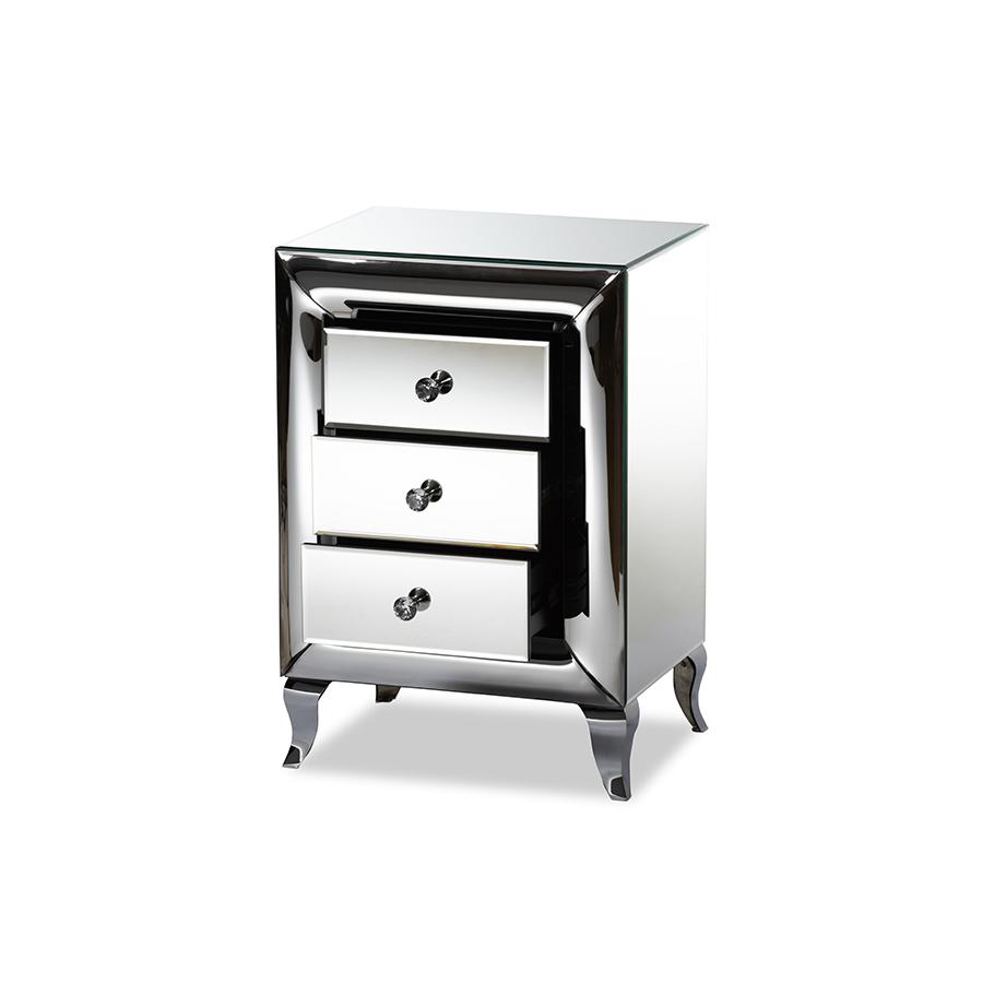 Baxton Studio Pauline Contemporary Glam and Luxe Mirrored 3-Drawer Nightstand. Picture 2