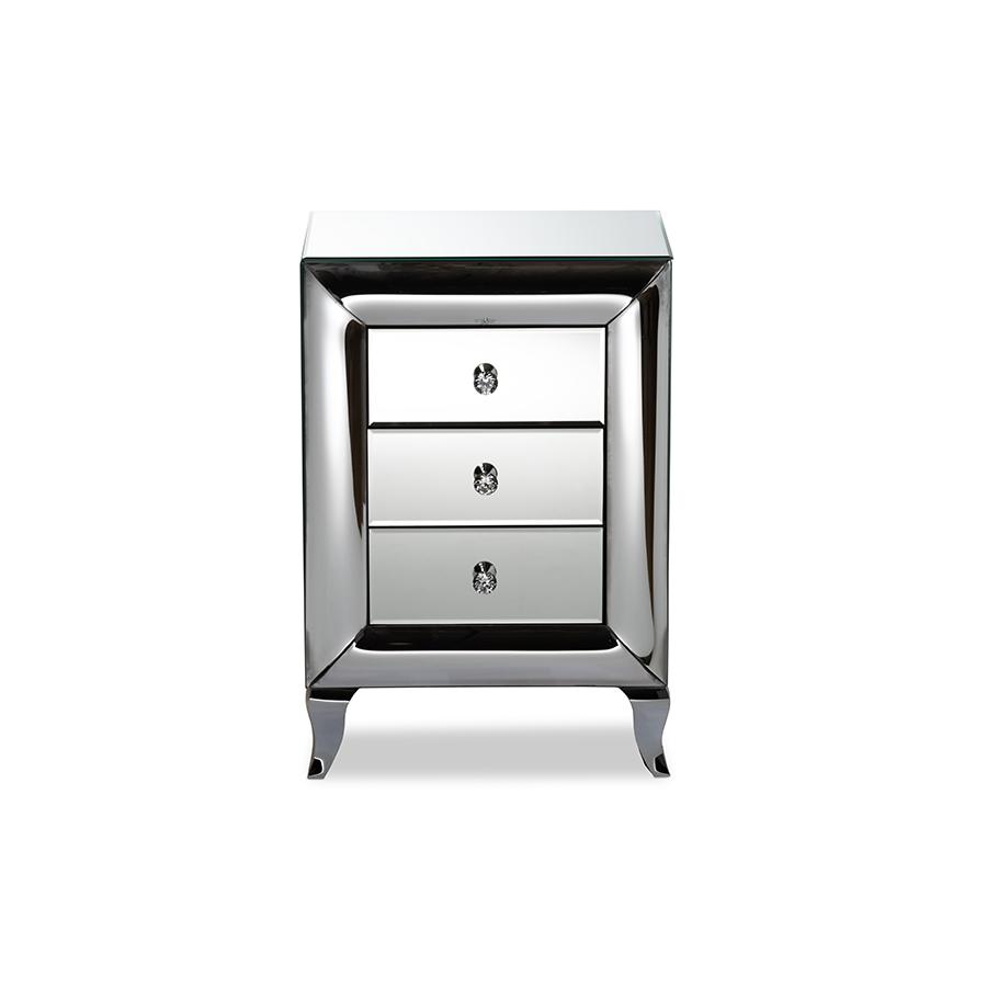 Baxton Studio Pauline Contemporary Glam and Luxe Mirrored 3-Drawer Nightstand. Picture 3