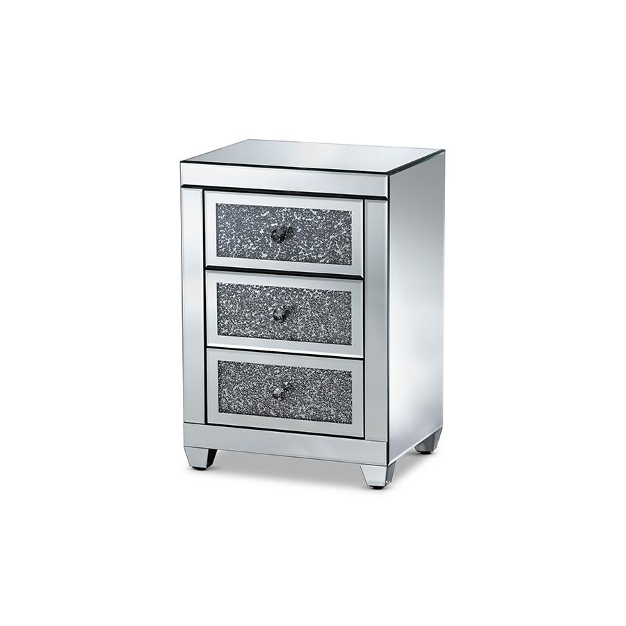 Ralston Contemporary Glam and Luxe Mirrored 3-Drawer Nightstand. Picture 1