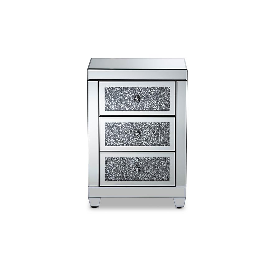 Ralston Contemporary Glam and Luxe Mirrored 3-Drawer Nightstand. Picture 3