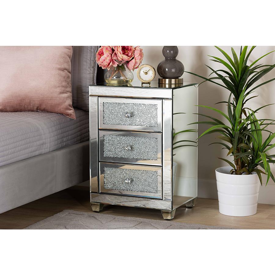 Ralston Contemporary Glam and Luxe Mirrored 3-Drawer Nightstand. Picture 6