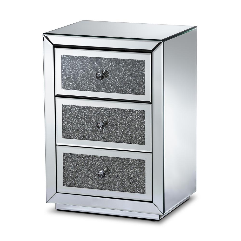 Talan Contemporary Glam and Luxe Mirrored 3-Drawer Nightstand. Picture 1