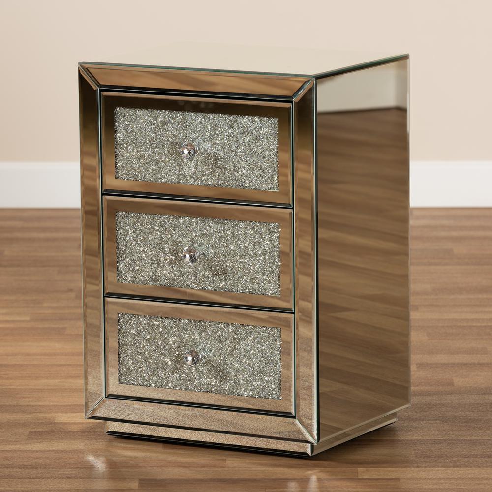Talan Contemporary Glam and Luxe Mirrored 3-Drawer Nightstand. Picture 7