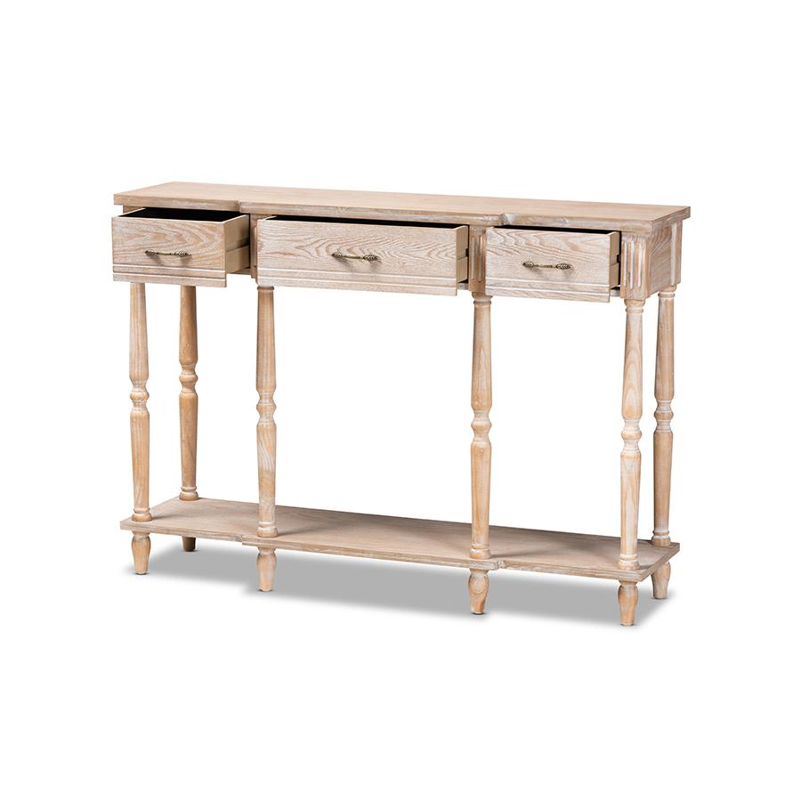 Provincial Rustic Whitewashed Oak Brown Finished Wood 3-Drawer Console Table. Picture 2