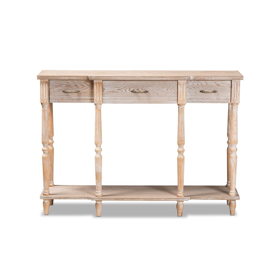 Provincial Rustic Whitewashed Oak Brown Finished Wood 3-Drawer Console Table. Picture 3