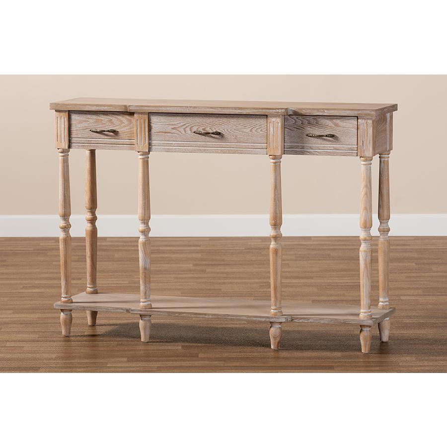 Provincial Rustic Whitewashed Oak Brown Finished Wood 3-Drawer Console Table. Picture 8