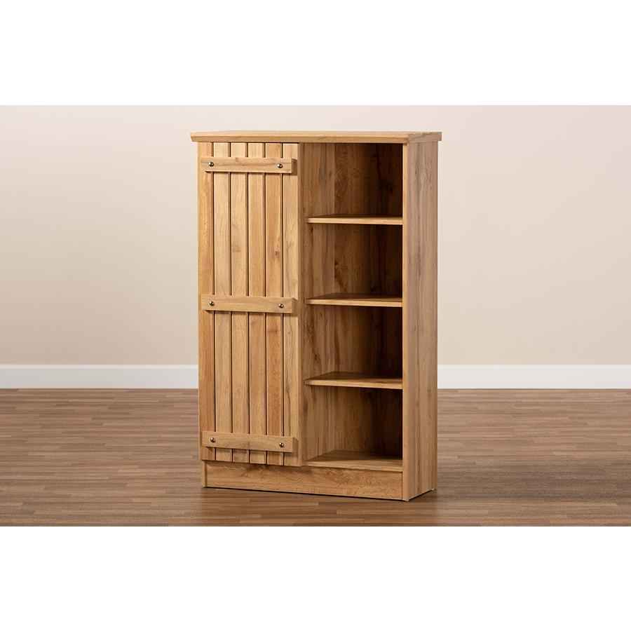 Farmhouse Natural Oak Brown Finished Wood 1-Door Shoe Cabinet. Picture 8