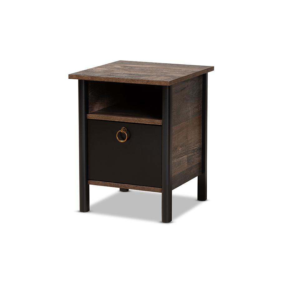 Two-Tone Rustic Brown and Black Finished Wood Nightstand. Picture 1