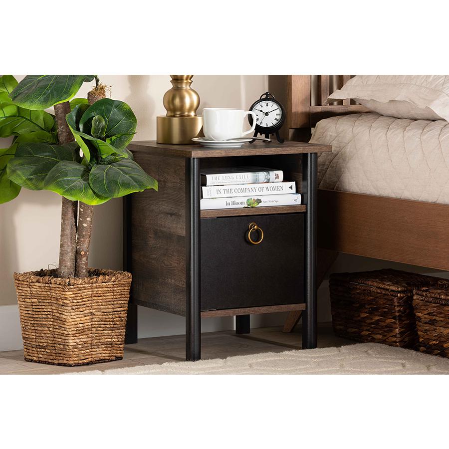 Two-Tone Rustic Brown and Black Finished Wood Nightstand. Picture 6