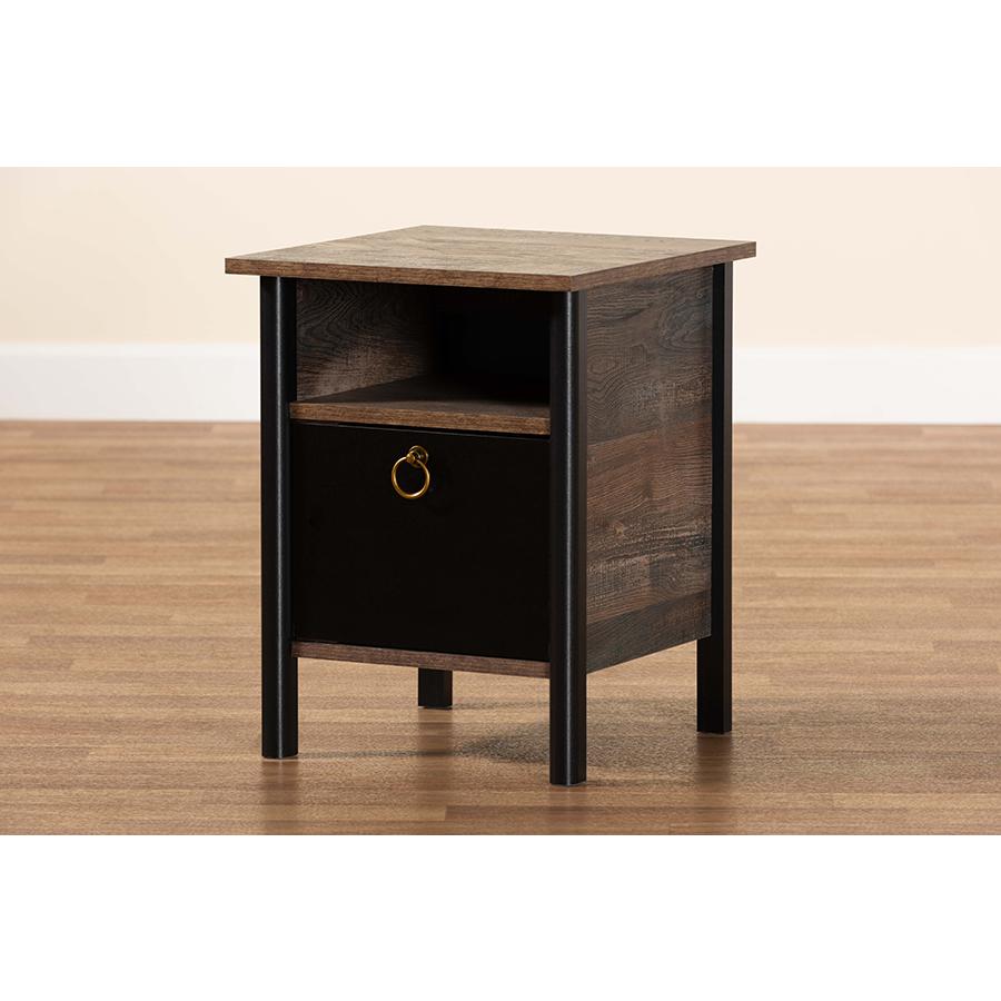 Two-Tone Rustic Brown and Black Finished Wood Nightstand. Picture 7