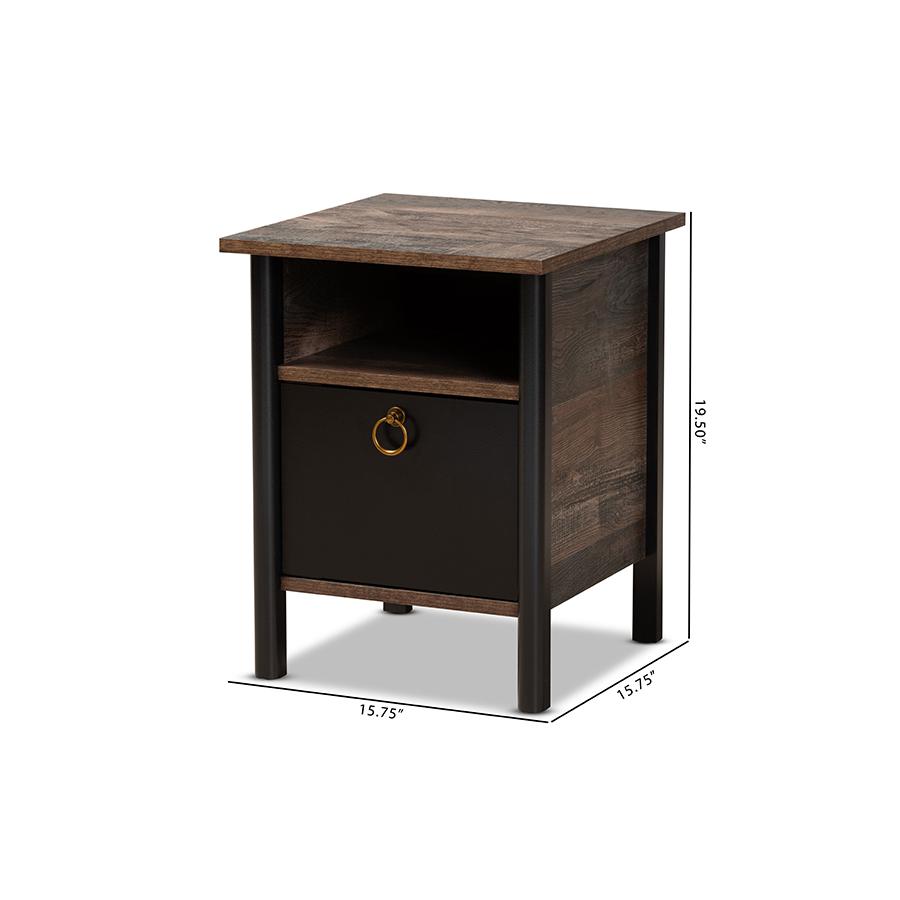 Two-Tone Rustic Brown and Black Finished Wood Nightstand. Picture 8